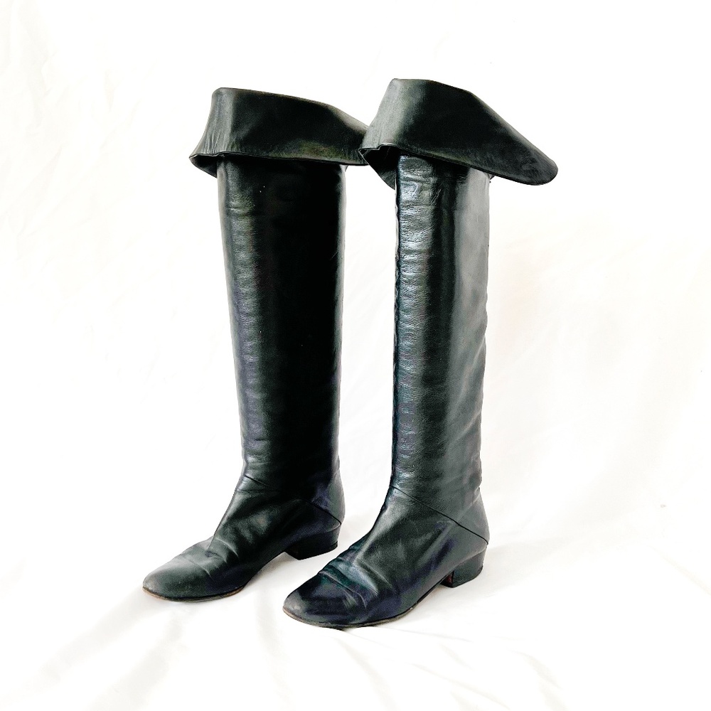 Vintage 80s Black Leather Knee High Boots - Italian Pirate Style Size 37 US Size